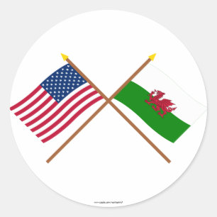 US och Wales Crossed Flaggor Runt Klistermärke