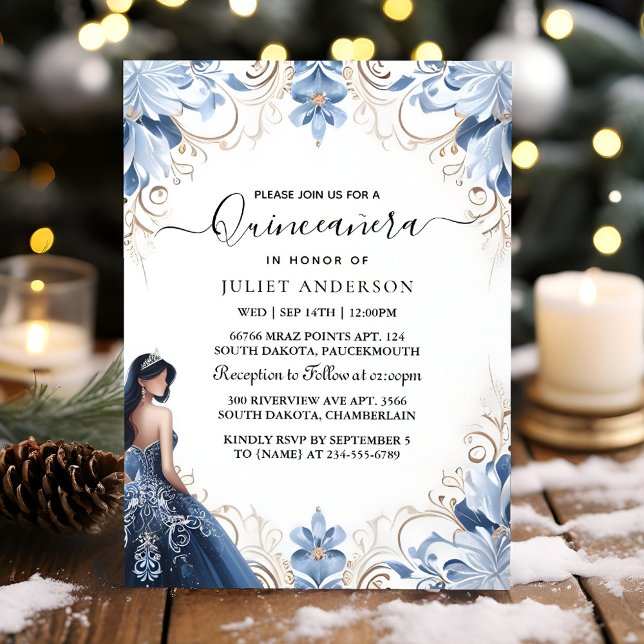 Us Ombre ivory Ice Himmel Guld Royal Blue Quincean Inbjudningar (Skapare uppladdad)