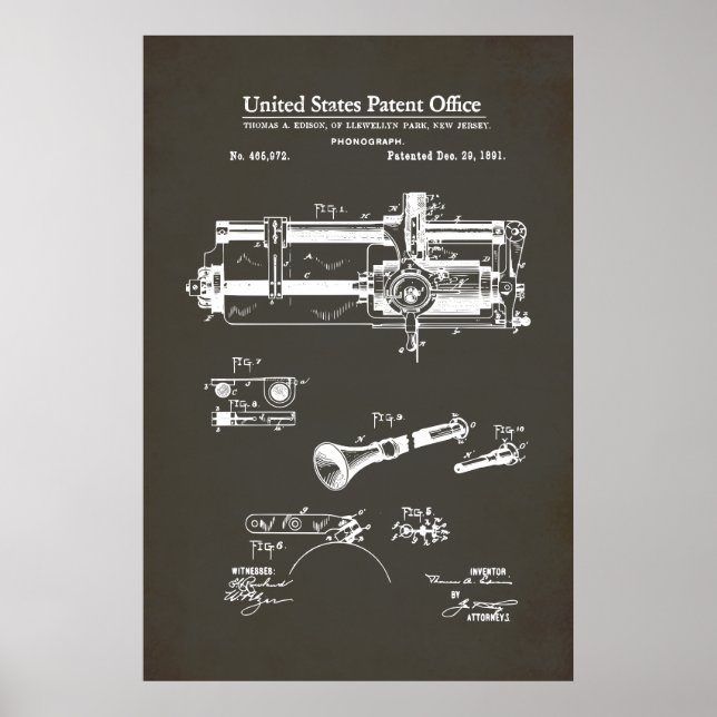 US Patent - Cylindrisk fonografi Poster (Framsidan)