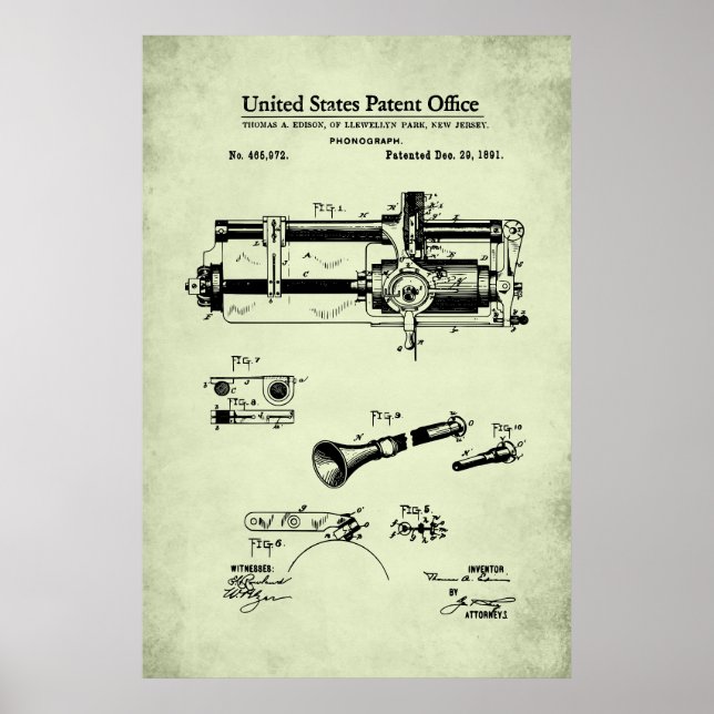 US Patent - Cylindrisk fonografi Poster (Framsidan)