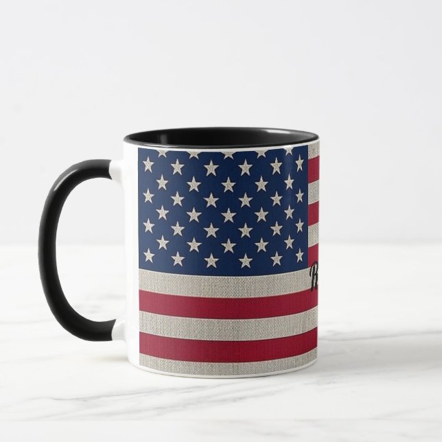 US Patriotic American Flagga Linen Calligraphy Tex Mugg (Vänster)