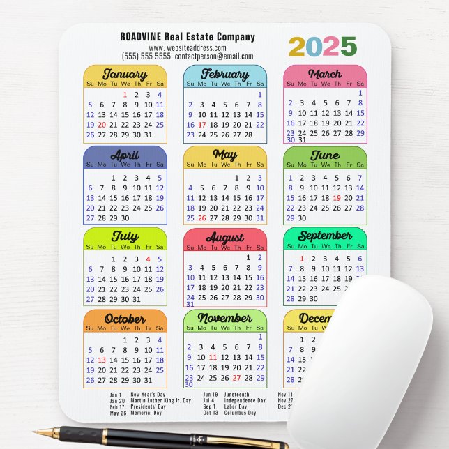 US Public Helgdagars Corporate 2025 Färg Calendar Musmatta (Skapare uppladdad)