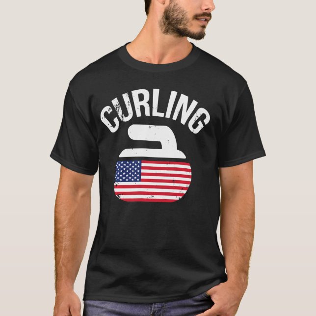 US Red White and Blue American Flagga Curling Ston T Shirt (Framsida)