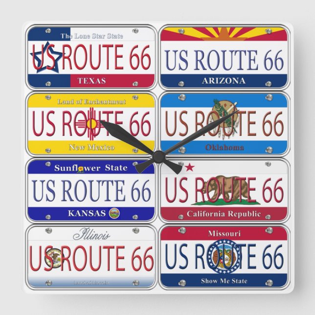 US ROUTE 66 All 8 Stater Vanity Tallrikar Fyrkantig Klocka (Framsida)