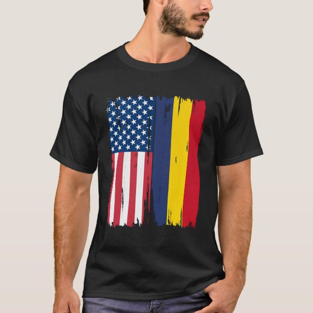 US Rumänien HalAmerican Flagga Roots T Shirt (Framsida)