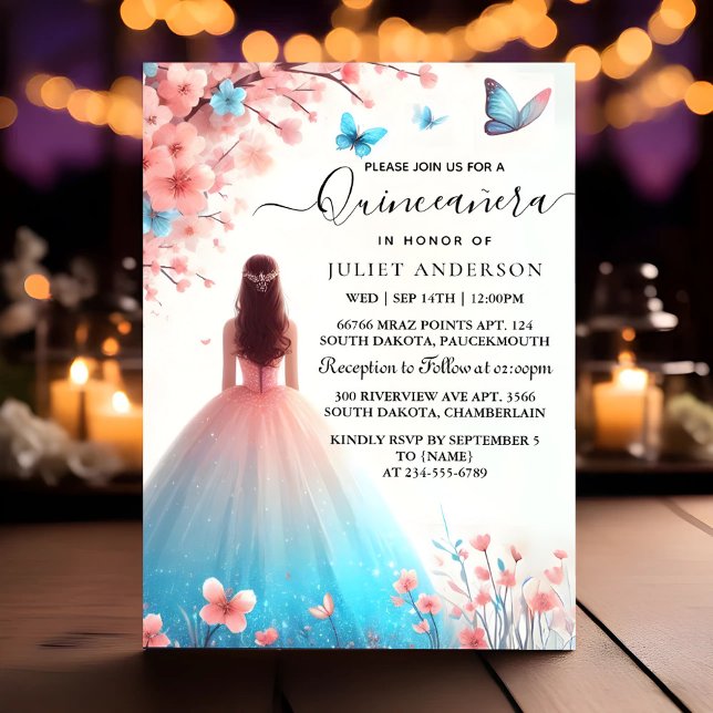 Us Wood Träd Rosa Girly Cherry Blommar Quinceanera Inbjudningar (Skapare uppladdad)