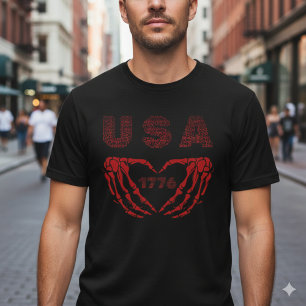 USA 1776 Patriotisk Skelett Hjärtformade Händer T- T Shirt