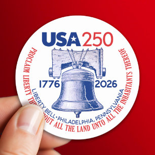 USA 250 - 1776-2026 - Frihetsklockan Röd Vit Blå Runt Klistermärke