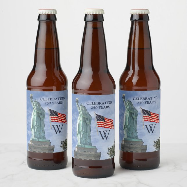 USA 250 Amerikansk flagg Staty av Frihet Monogram Ölflaska Etikett (Flaskor)