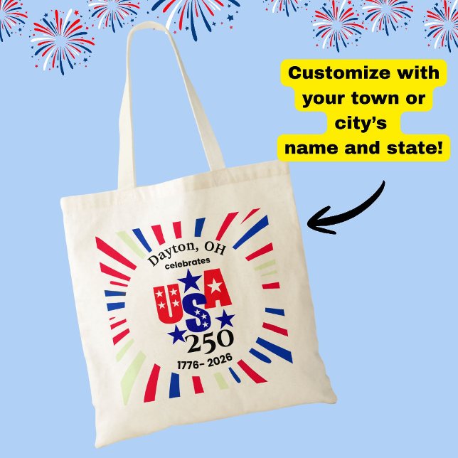 USA 250 Anpassad Stad Stat Patriotisk Röd Vit Blå Tygkasse (Celebrate USA's 250th birthday this 4th of July with these patriotic custom town/state tote bags!)