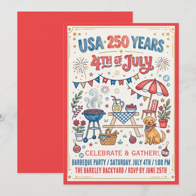 USA 250 år 4:e juli grillfest inbjudan (Fram/baksida)