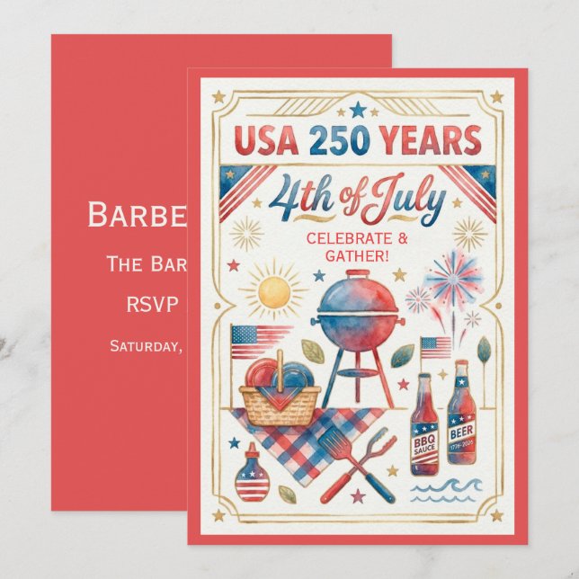 USA 250 år 4:e juli grillfest inbjudan (Fram/baksida)