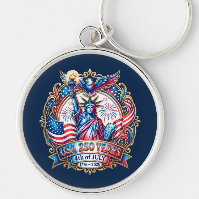 USA 250 år 4 juli 1776-2026 Rund Silverfärgad Nyckelring (Framsidan)