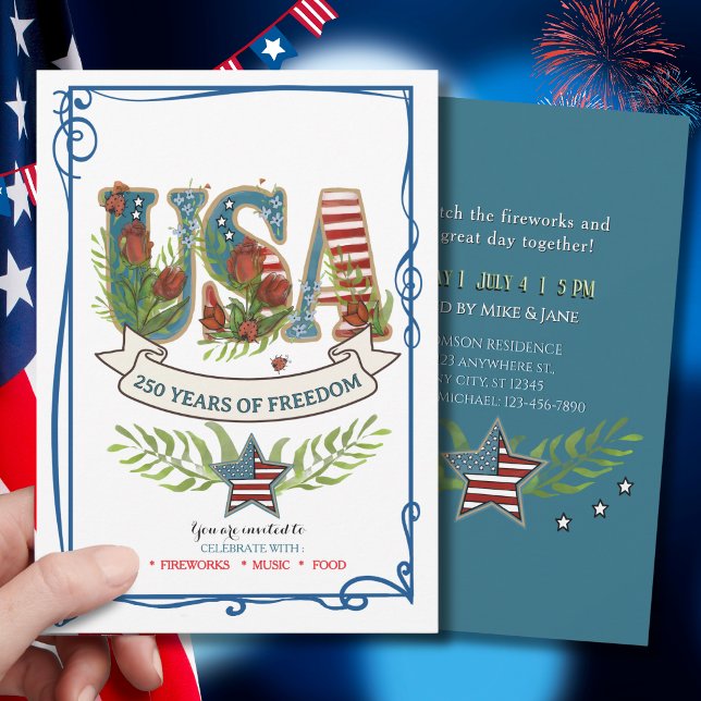 USA 250 år av frihet  Akvarell 4 juli  Inv Inbjudningar (USA 250 Years of Freedom Watercolor 4th July Inv Invitation)