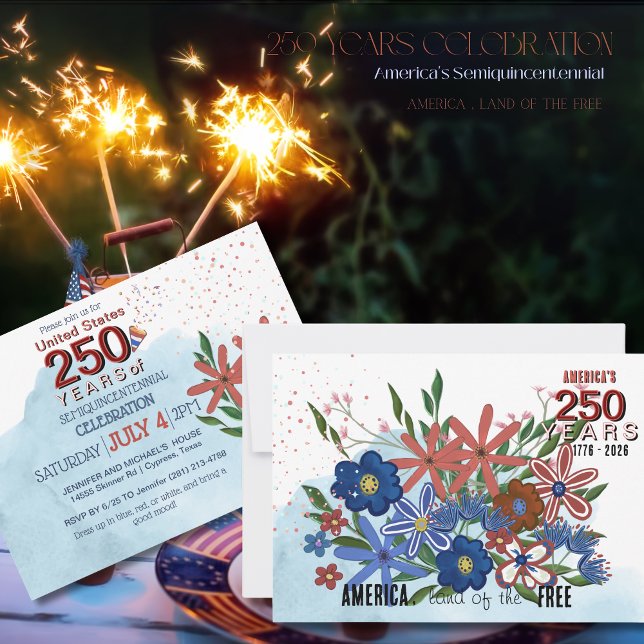 USA 250 år av frihet Blommig årsdag Inbjudningar (US 250 Years of Liberty Floral Semiquincentennial Invitation)