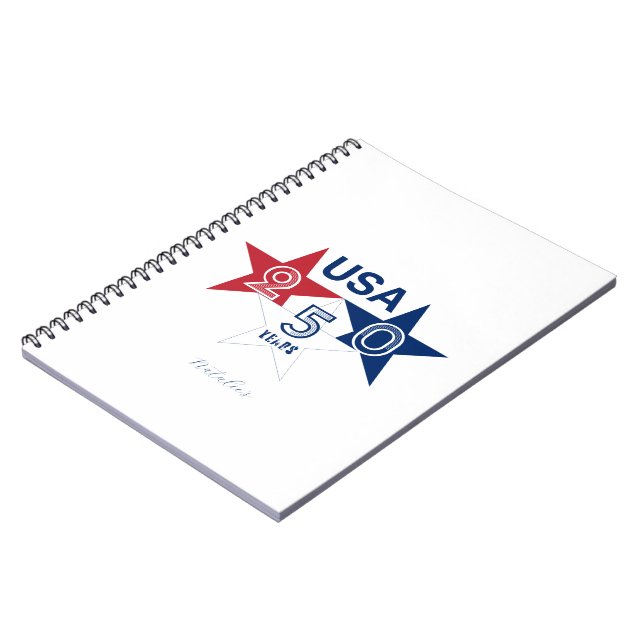 USA 250 år - Röd blå och vit stjärndesign Anteckningsbok (Vänstra Sidan)