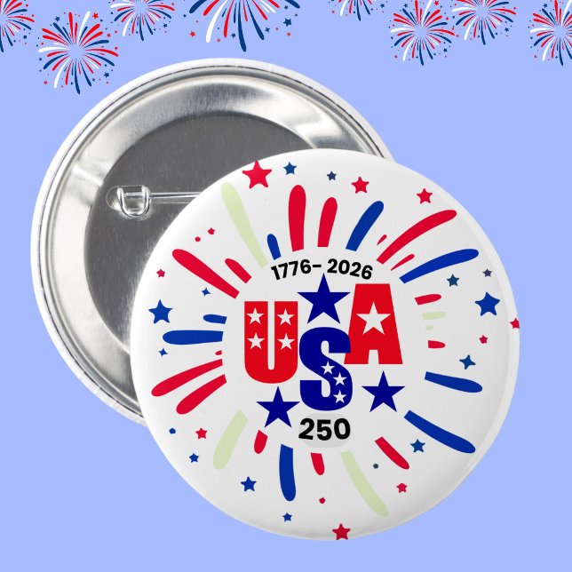 USA 250-årsjubileum Patriotisk Röd Vit Blå Fyrverk Knapp (Celebrate America's semiquincentennial birthday with these fun, patriotic USA 250 buttons! 1776-2026)
