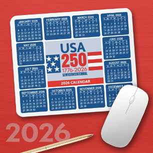 USA 250 med 2026 kalender - Röd Vit Blå Musmatta