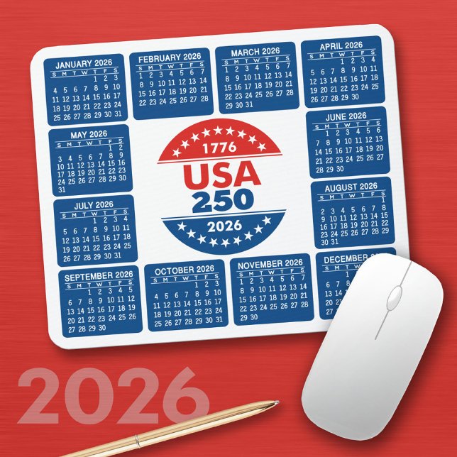 USA 250 med 2026 Kalender - Röd Vit Blå Musmatta (2026 Calendar on a Mousepad)
