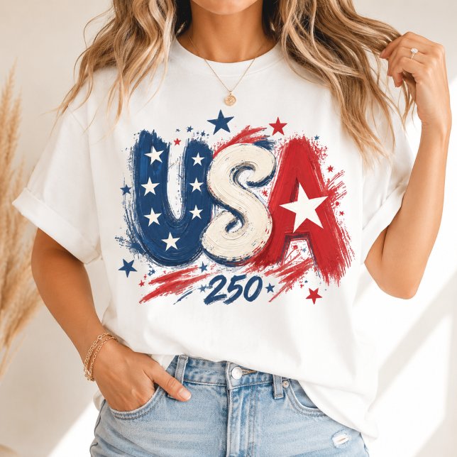 USA 250 Penseldrag Stjärnor Röd Vit Blå T Shirt (Skapare uppladdad)
