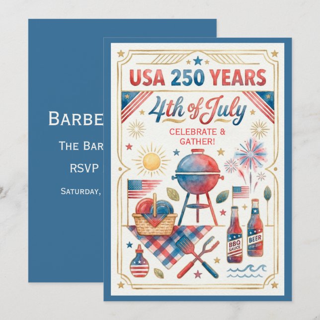 USA 250 Years 4th of July BBQ Invitation Inbjudningar (Fram/baksida)
