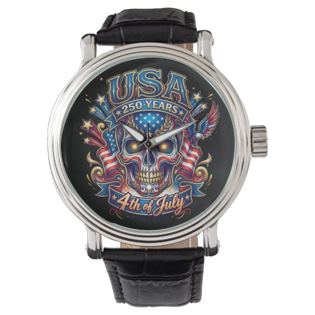 USA 250 Years Patriotic Skull 4th of July Armbandsur (Framsida)