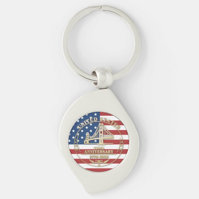USA 250th Anniversary Golden Gate Patriotic Flag  Swirl Silverfärgad Nyckelring (Framsidan)