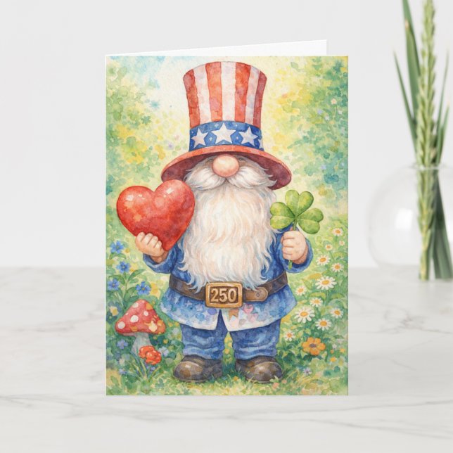 USA 250th Anniversary Patriotic Gnome Heart Shamro Kort (Framsida)