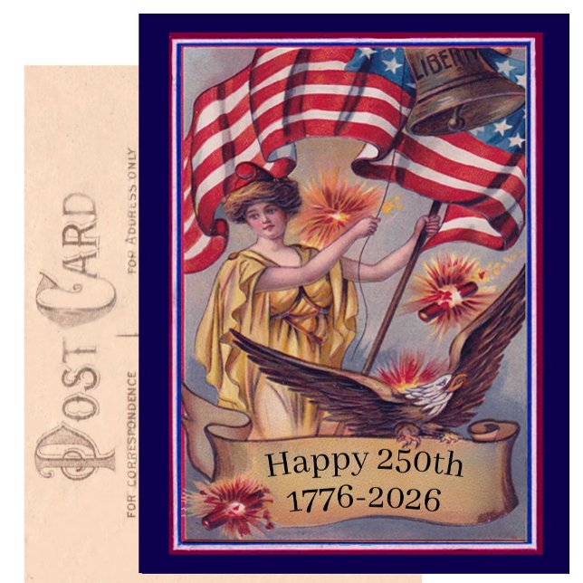 USA 250th Fourth of July Patriotic Lady Liberty Vykort (Skapare uppladdad)