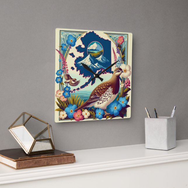 USA Alaska State Bird and Flower Design Fyrkantig Klocka (Kontor)