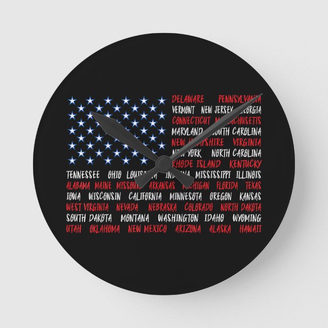USA American Flagga All 50 State Namn Rund Klocka (Framsida)