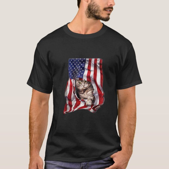 USA American Flagga Cat Kattunge Kitten Funny 4 ju T Shirt (Framsida)