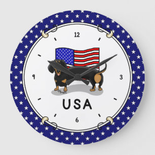 USA American Flagga Dachshund - (svart & tan) Stor Klocka