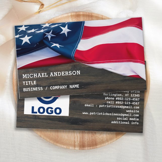 USA American Flagga Din Logotyp Rustic Wood Patrio Visitkort (Skapare uppladdad)