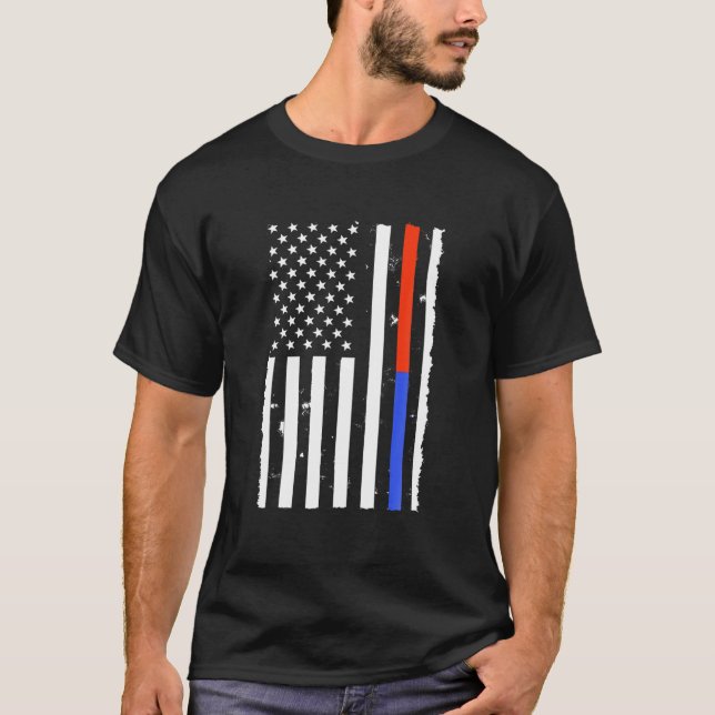 USA American Flagga Firefighter Thin Red Blue Line T Shirt (Framsida)