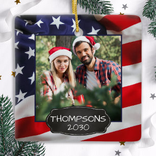 USA American Flagga Patriotic Personlig 2 Photo Julgransprydnad Keramik