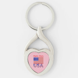 USA American Flagga Red Personlig Heart Twisted Heart Silverfärgad Nyckelring