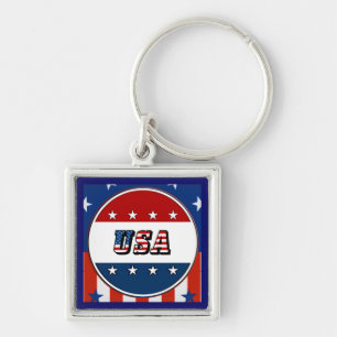 USA - American Flagga Stars in Circle #2 Keychain Fyrkantig Silverfärgad Nyckelring