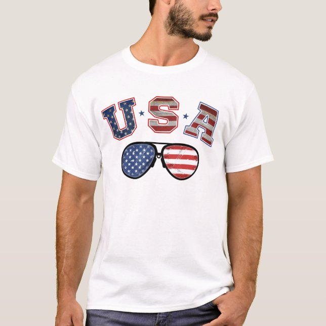 USA American Flagga Sunglasses Veteran 4:e juli T Shirt (Framsida)