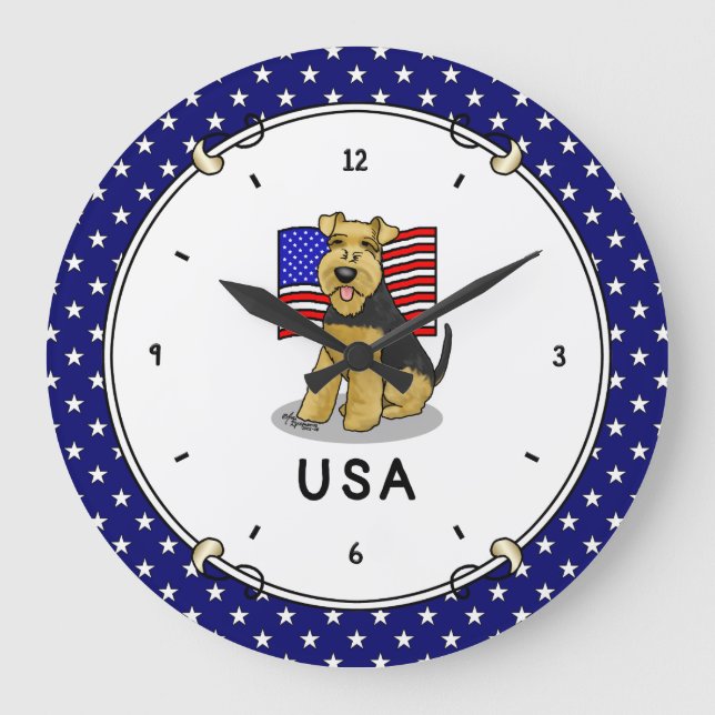 USA American Flagga Welsh Terrier Hund Cute Patrio Stor Klocka (Framsida)