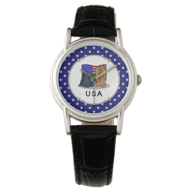 USA American Flagga Yorkshire Terrier (Yorkie) Hun Armbandsur (Framsida)