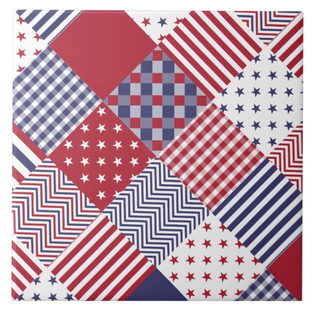 USA Americana Diagonal Red White och Blue Quilt Kakelplatta (Framsidan)