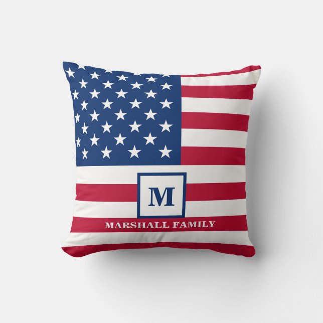 USA Amerikansk Flagga Anpassad Monogram 4:e Juli Kudde (Framsida)
