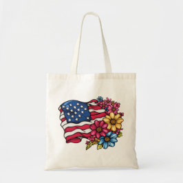 USA Amerikanska Flagga med Flowers Patriotic Tote Tygkasse