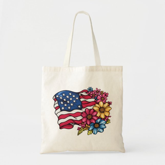 USA Amerikanska Flagga med Flowers Patriotic Tote  Tygkasse (Framsidan)