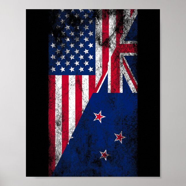 Usa &amp; New Zealand Flags - Us Of America Kiwi,  Poster (Framsidan)