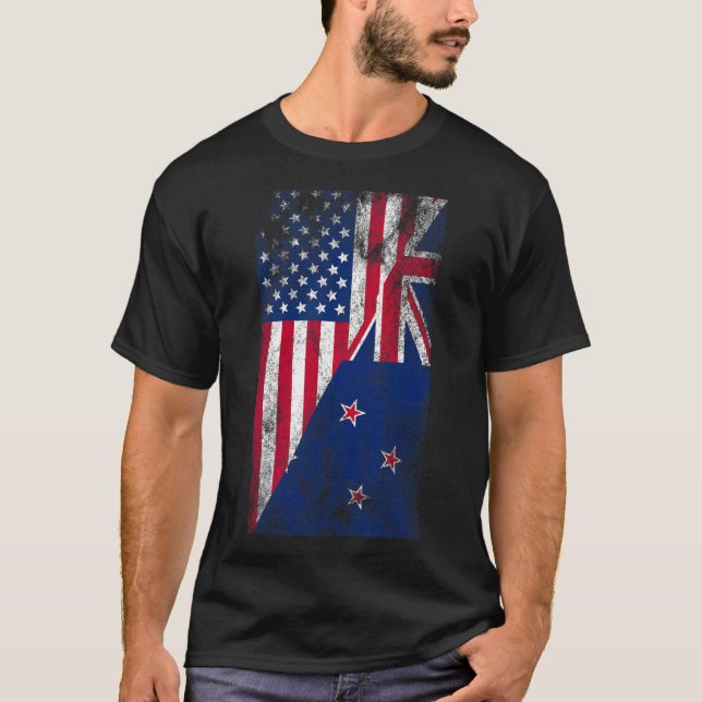 Usa &amp; New Zealand Flags - Us Of America Kiwi,  T Shirt (Framsida)