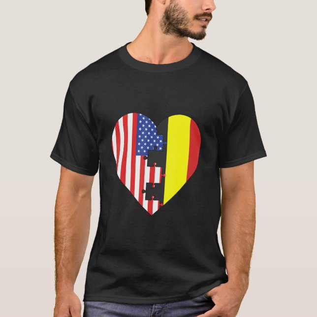 USA and Belgium Flags Heart T Shirt (Framsida)