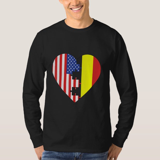 USA and Belgium Flags Heart T Shirt (Framsida)