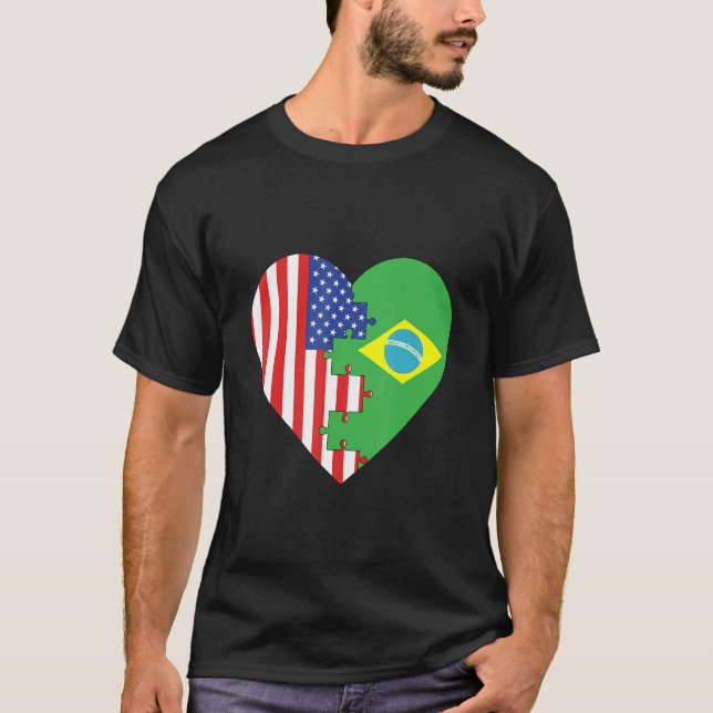 USA and Brazil Flags Heart T Shirt (Framsida)